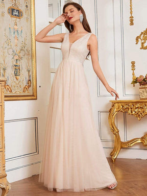 Color=Blush | Comfy Deep V Neck A-Line Tulle Prom Dress For Women-Blush 3