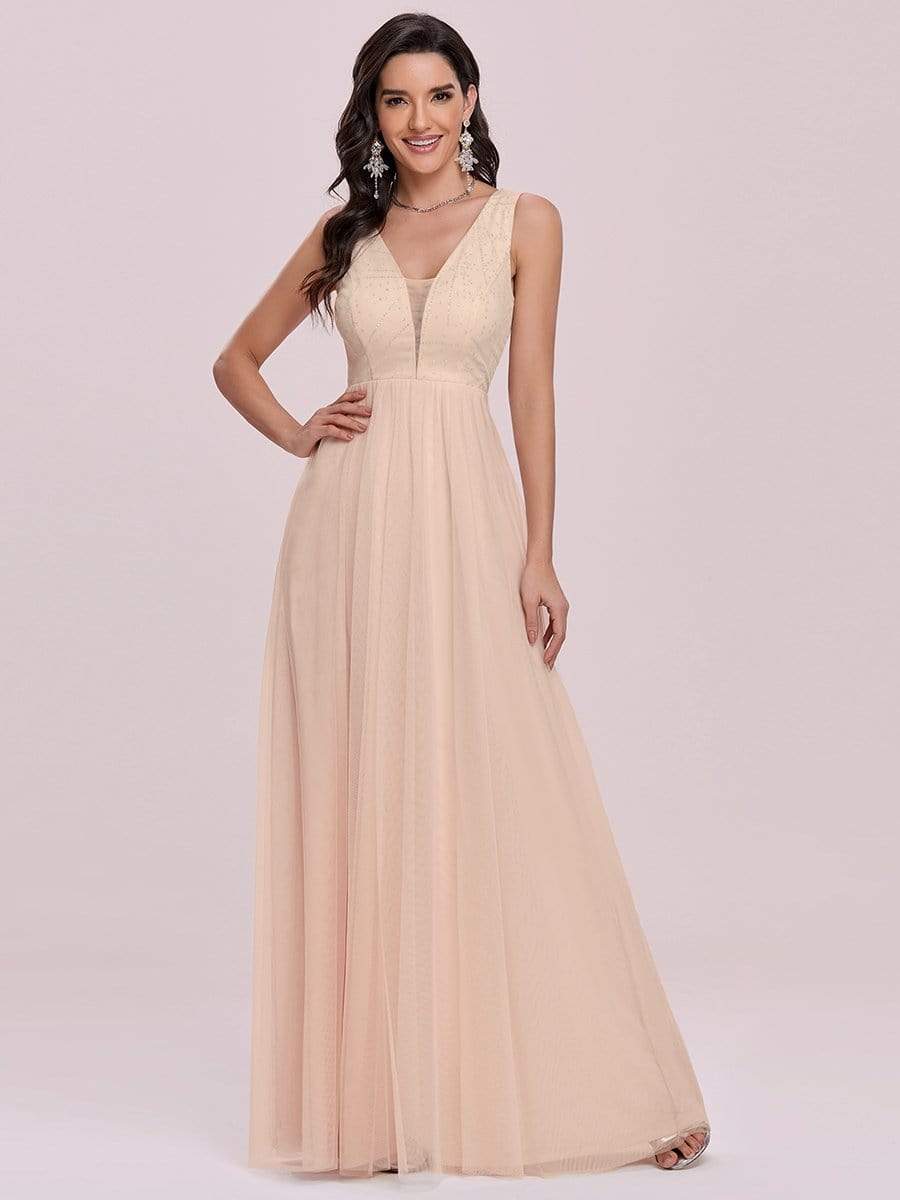 Color=Blush | Comfy Deep V Neck A-Line Tulle Prom Dress For Women-Blush 4