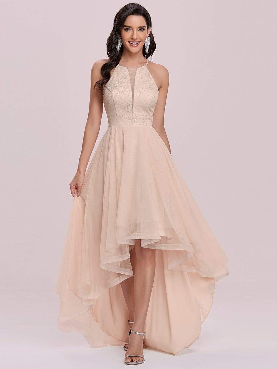 Color=Blush | High-Low A-Line Tulle Prom Dress With Halter Round Neck-Blush 4