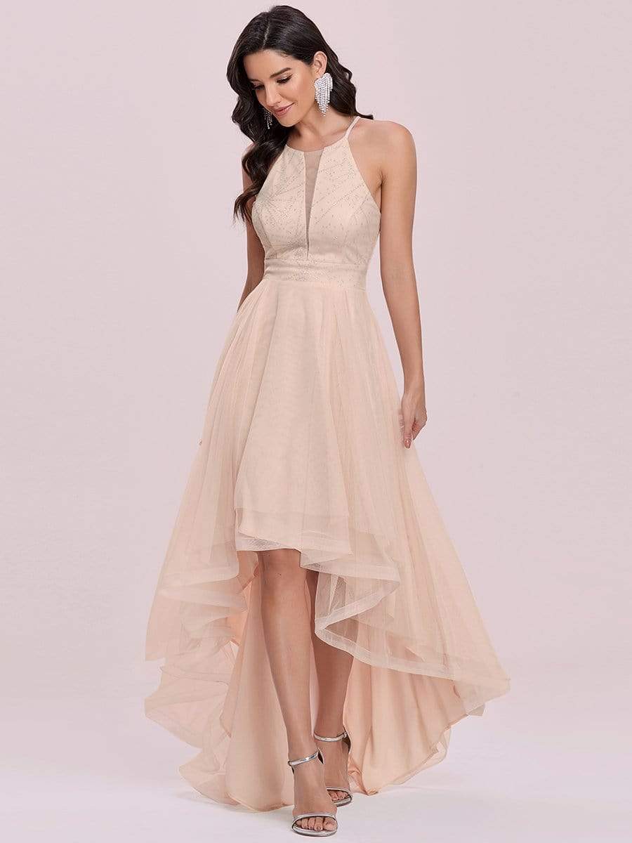 Color=Blush | High-Low A-Line Tulle Prom Dress With Halter Round Neck-Blush 6