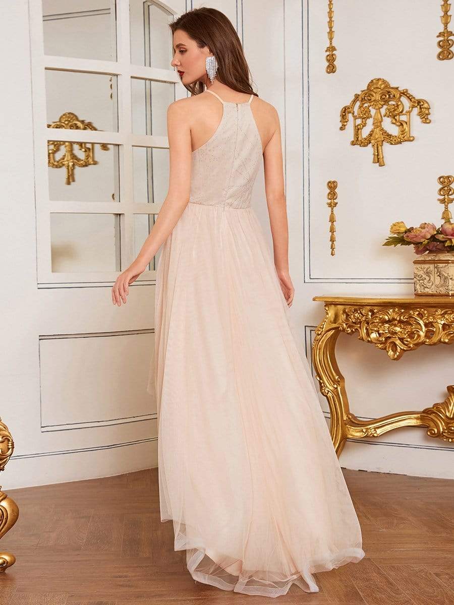 Color=Blush | High-Low A-Line Tulle Prom Dress With Halter Round Neck-Blush 2