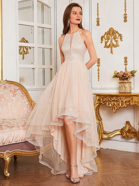 Color=Blush | High-Low A-Line Tulle Prom Dress With Halter Round Neck-Blush 3