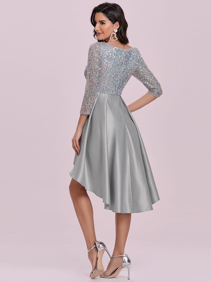 Color=Grey | Sparkling Long Sleeve Square Neckline Prom Dress-Grey 5