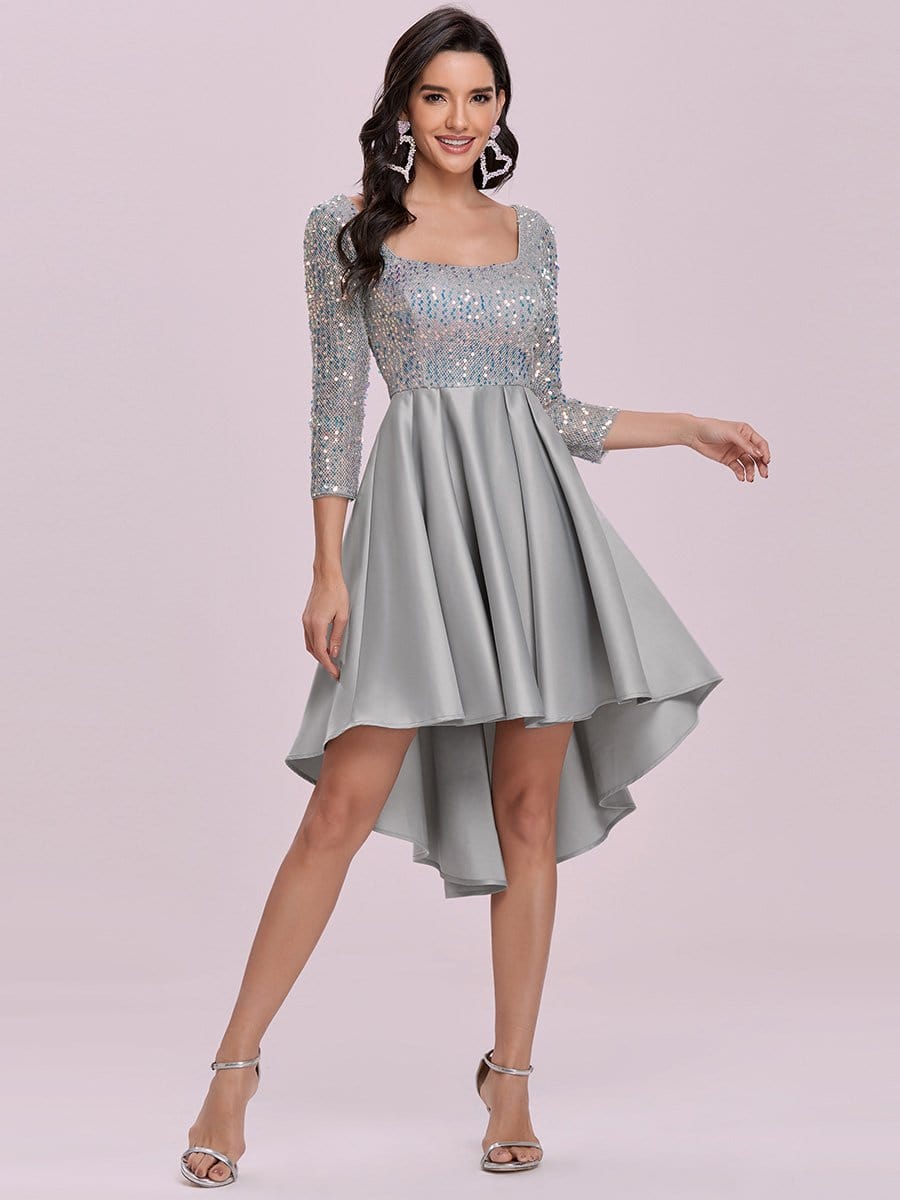 Color=Grey | Sparkling Long Sleeve Square Neckline Prom Dress-Grey 7