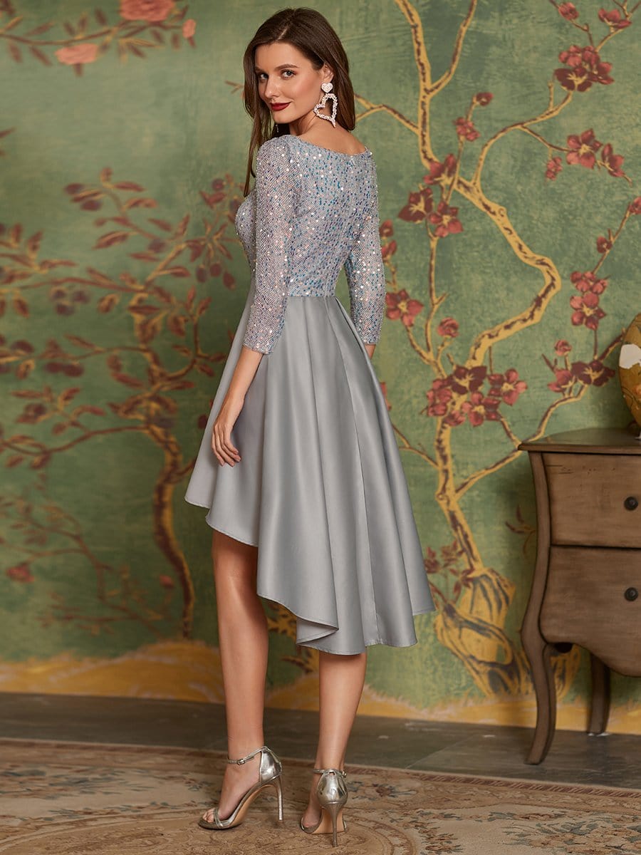 Color=Grey | Sparkling Long Sleeve Square Neckline Prom Dress-Grey 2