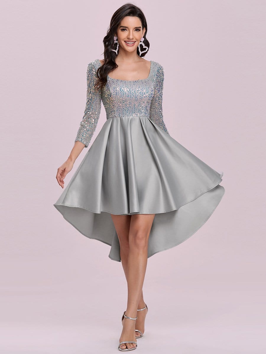 Color=Grey | Sparkling Long Sleeve Square Neckline Prom Dress-Grey 4