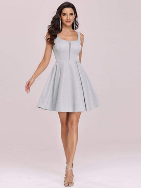 Color=Grey | Fancy Square Neck Above Knee Prom Dress-Grey 5