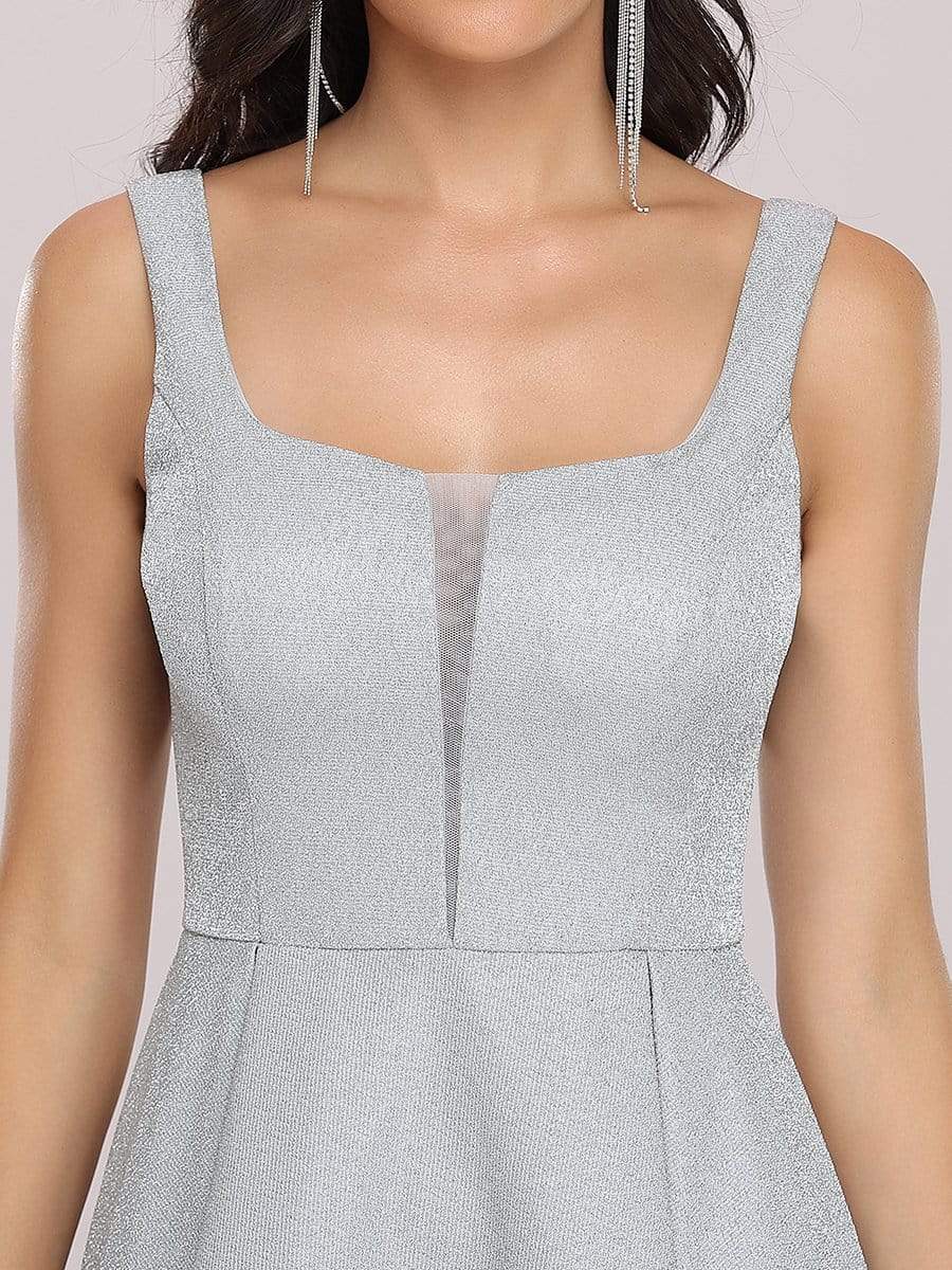 Color=Grey | Fancy Square Neck Above Knee Prom Dress-Grey 8