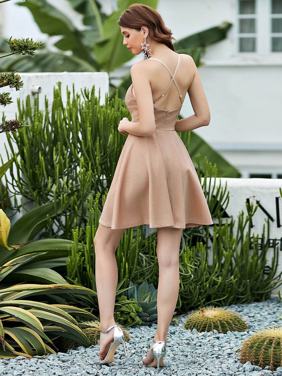 Color=Blush | Shimmery Above Knee Open Back Prom Dress -Blush 2