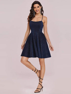 Color=Navy Blue | Shimmery Above Knee Open Back Prom Dress -Navy Blue 7