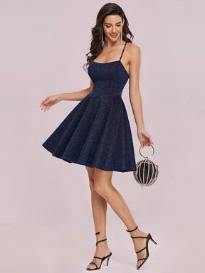 Color=Navy Blue | Shimmery Above Knee Open Back Prom Dress -Navy Blue 4