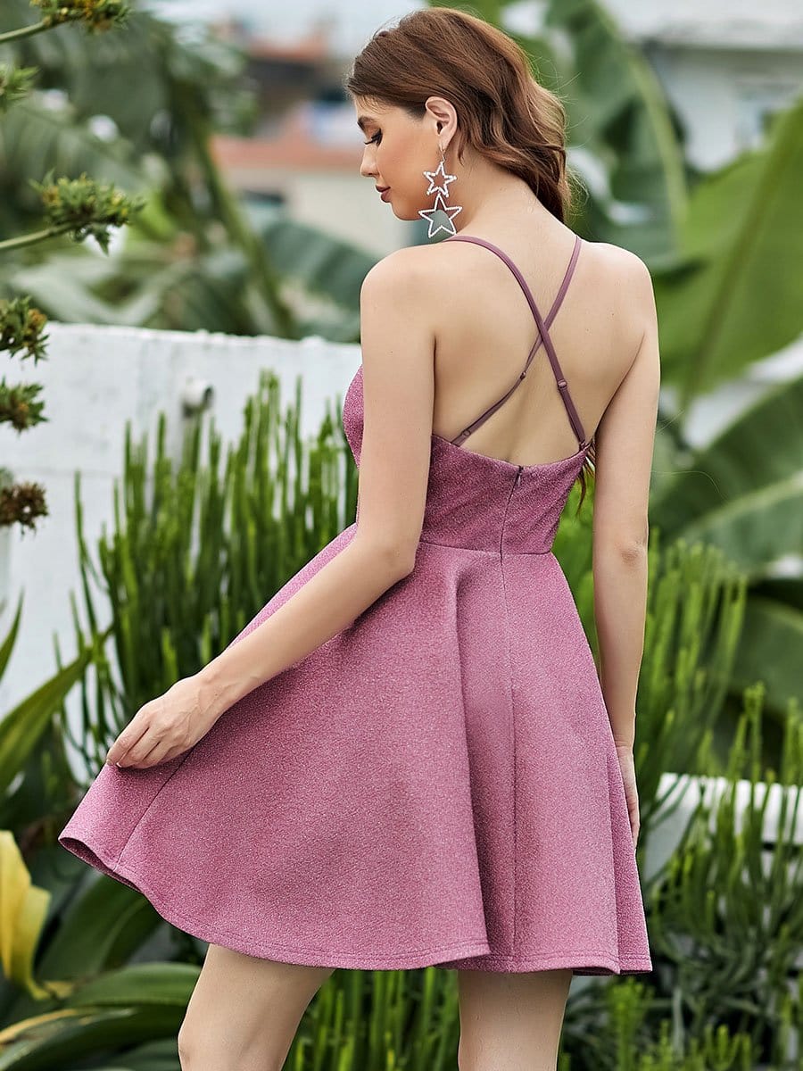 Color=Purple Orchid | Shimmery Above Knee Open Back Prom Dress -Purple Orchid 2