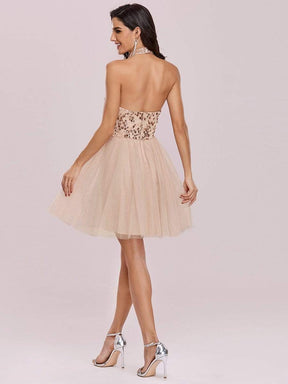 Color=Blush | Stylish Halter Neckline Sequin Bodice Short Tulle Prom Dress-Blush 5