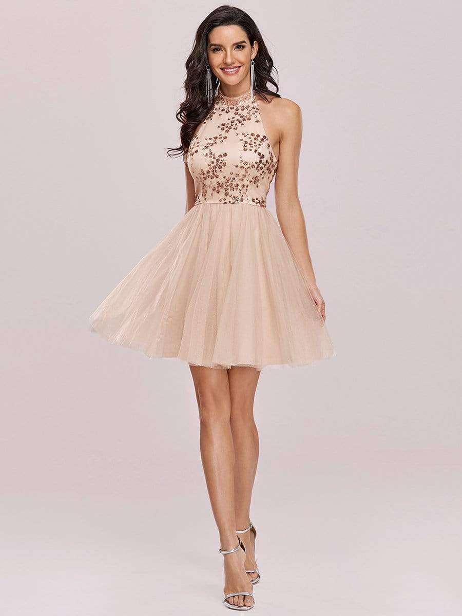 Color=Blush | Stylish Halter Neckline Sequin Bodice Short Tulle Prom Dress-Blush 7