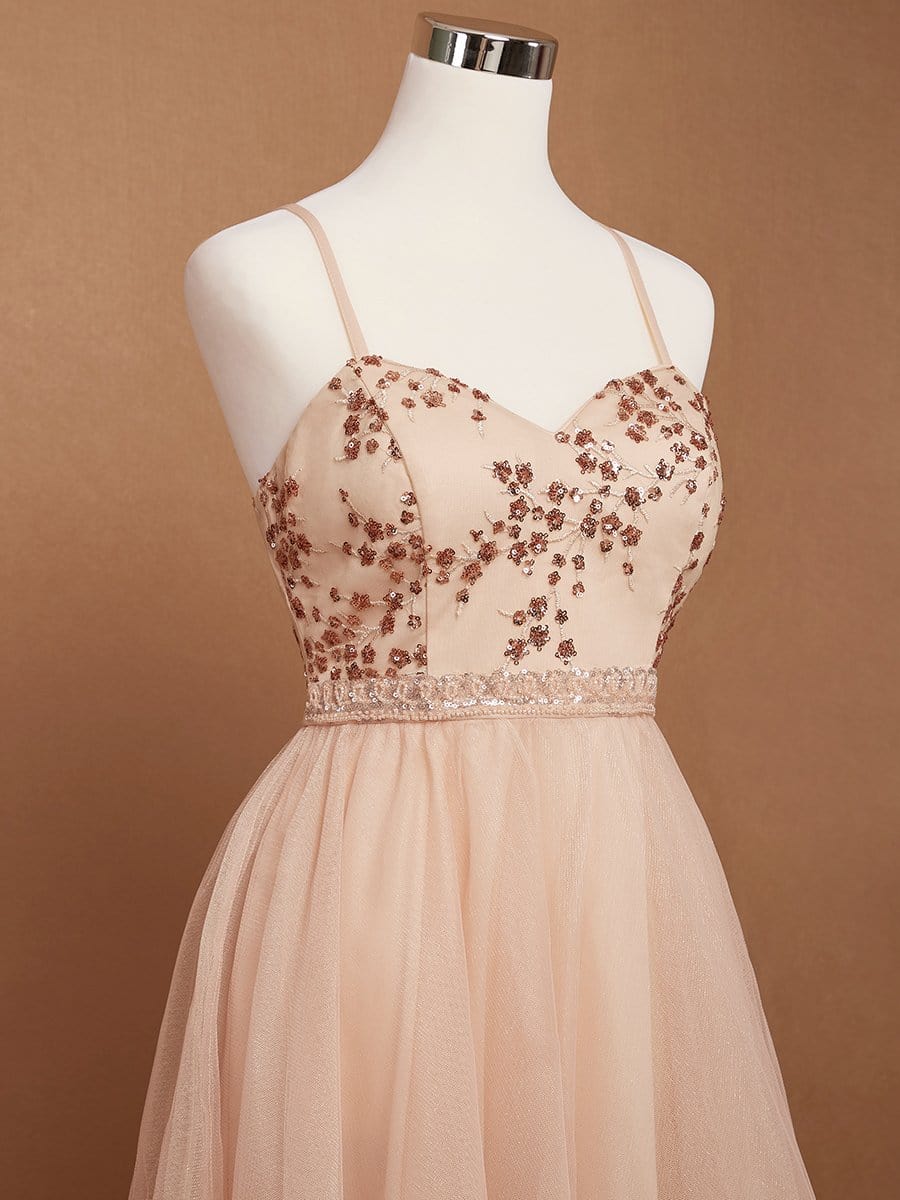 Color=Blush | Spaghetti Straps Sweetheart Sequin Short Tulle Prom Dress-Blush 9