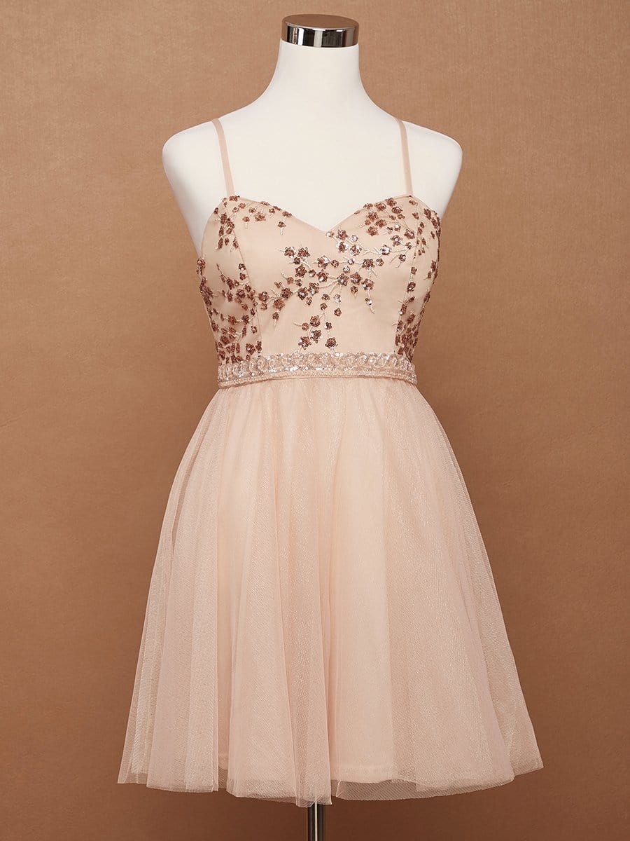 Color=Blush | Spaghetti Straps Sweetheart Sequin Short Tulle Prom Dress-Blush 10