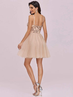Color=Blush | Spaghetti Straps Sweetheart Sequin Short Tulle Prom Dress-Blush 5