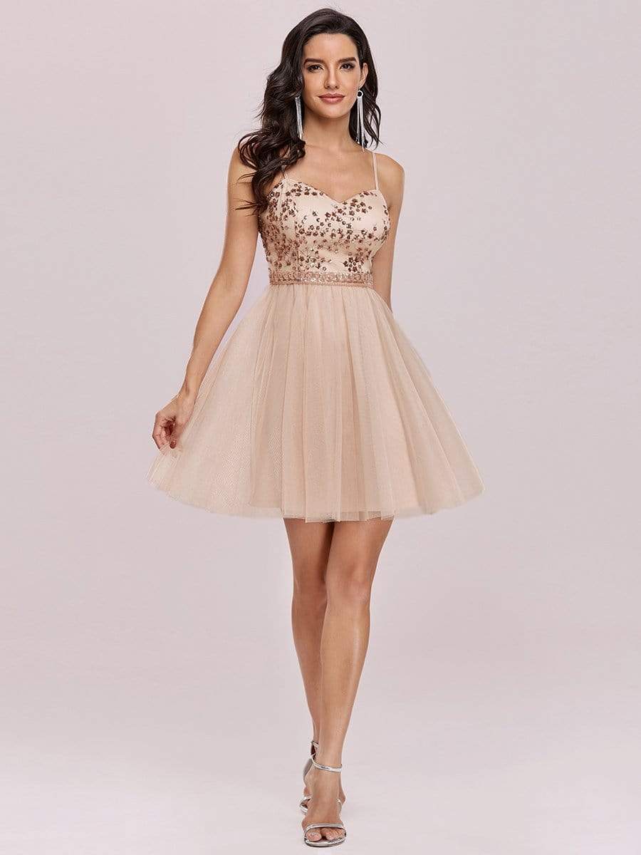 Color=Blush | Spaghetti Straps Sweetheart Sequin Short Tulle Prom Dress-Blush 7