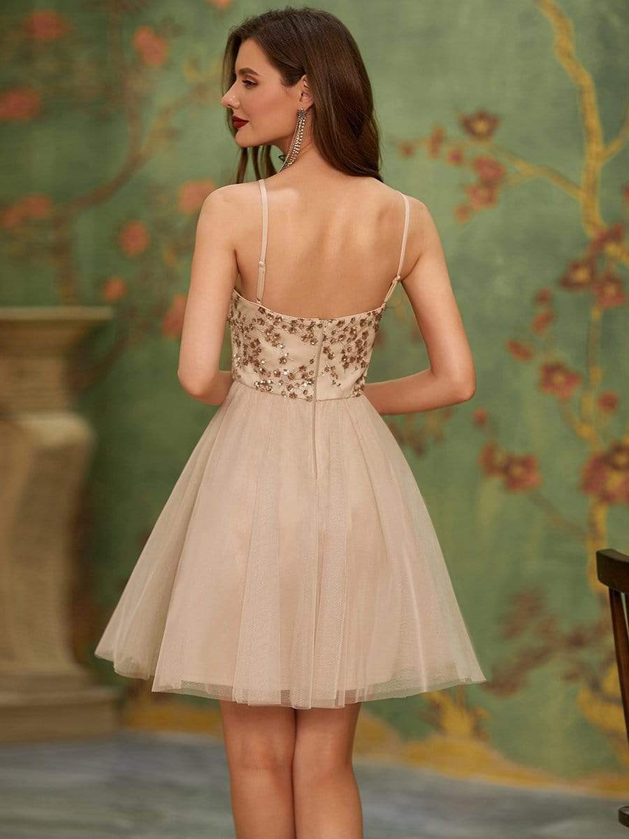 Color=Blush | Spaghetti Straps Sweetheart Sequin Short Tulle Prom Dress-Blush 2