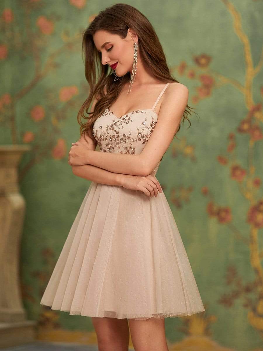 Color=Blush | Spaghetti Straps Sweetheart Sequin Short Tulle Prom Dress-Blush 1
