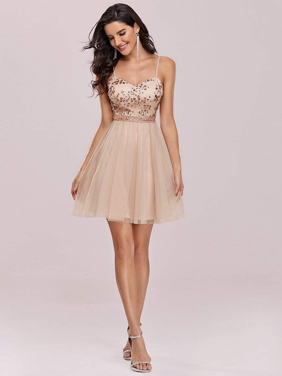 Color=Blush | Spaghetti Straps Sweetheart Sequin Short Tulle Prom Dress-Blush 4