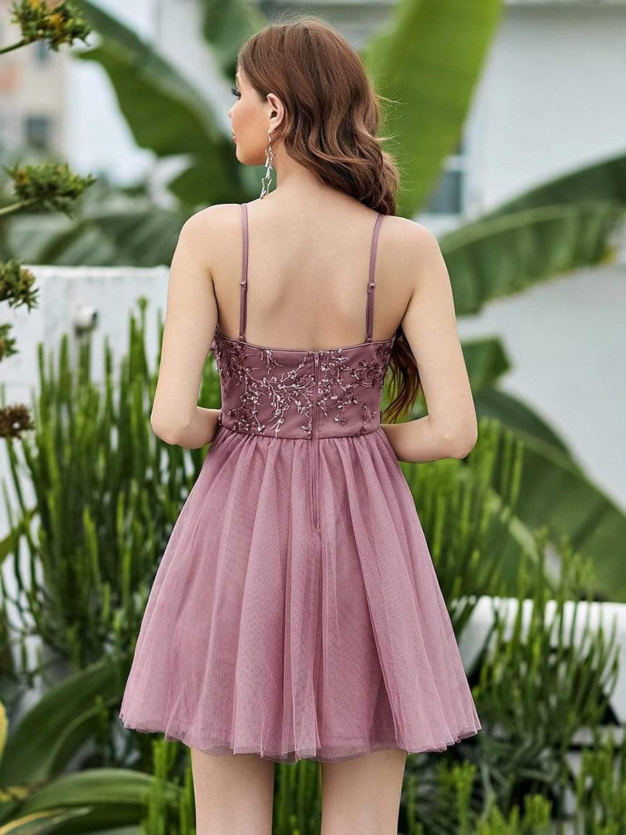 Color=Purple Orchid | Spaghetti Straps Sweetheart Sequin Short Tulle Prom Dress-Purple Orchid 2