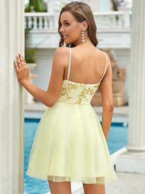 Color=Yellow | Spaghetti Straps Sweetheart Sequin Short Tulle Prom Dress-Yellow 2
