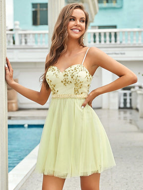 Color=Yellow | Spaghetti Straps Sweetheart Sequin Short Tulle Prom Dress-Yellow 5