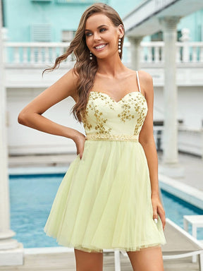 Color=Yellow | Spaghetti Straps Sweetheart Sequin Short Tulle Prom Dress-Yellow 1