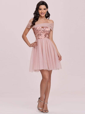 Color=Pink | Off Shoulder Short Tulle Prom Dress With Sequin Bodice-Pink 6