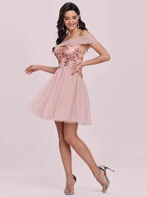 Color=Pink | Off Shoulder Short Tulle Prom Dress With Sequin Bodice-Pink 4