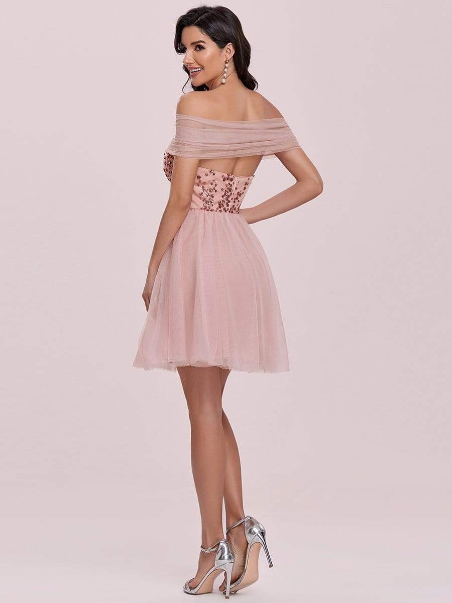 Color=Pink | Off Shoulder Short Tulle Prom Dress With Sequin Bodice-Pink 7