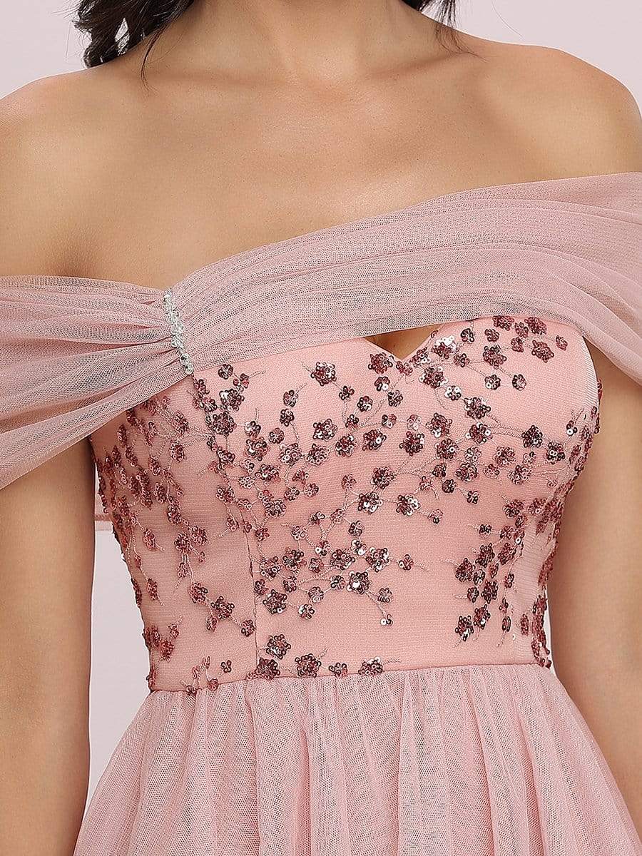 Color=Pink | Off Shoulder Short Tulle Prom Dress With Sequin Bodice-Pink 8