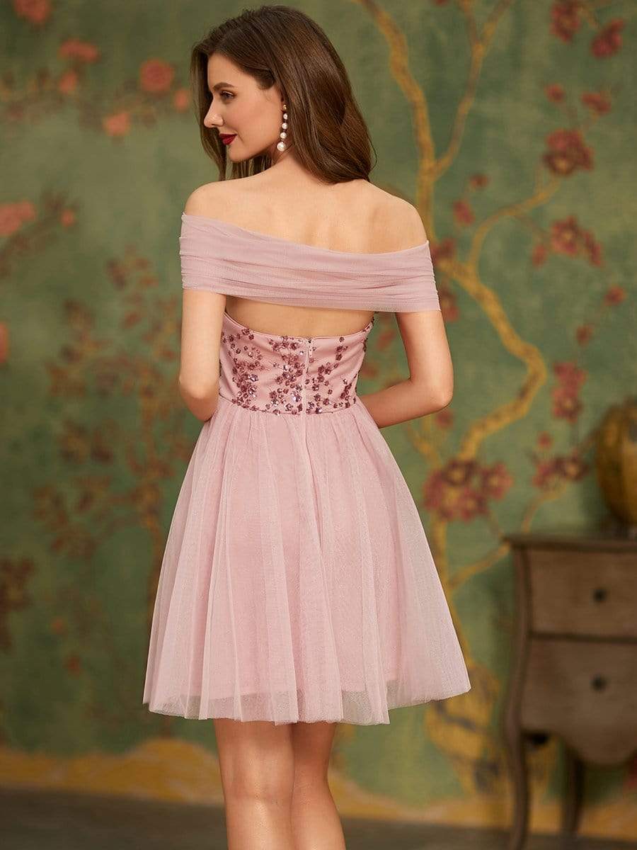 Color=Pink | Off Shoulder Short Tulle Prom Dress With Sequin Bodice-Pink 2