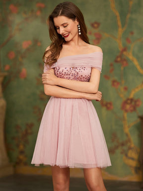 Color=Pink | Off Shoulder Short Tulle Prom Dress With Sequin Bodice-Pink 1