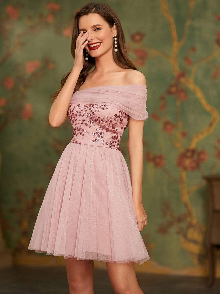 Color=Pink | Off Shoulder Short Tulle Prom Dress With Sequin Bodice-Pink 3