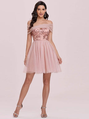 Color=Pink | Off Shoulder Short Tulle Prom Dress With Sequin Bodice-Pink 5