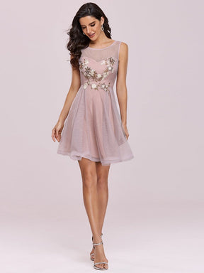 Color=Pink | Sleeveless Round Neck See-Through Floral Prom Dresses-Pink 5