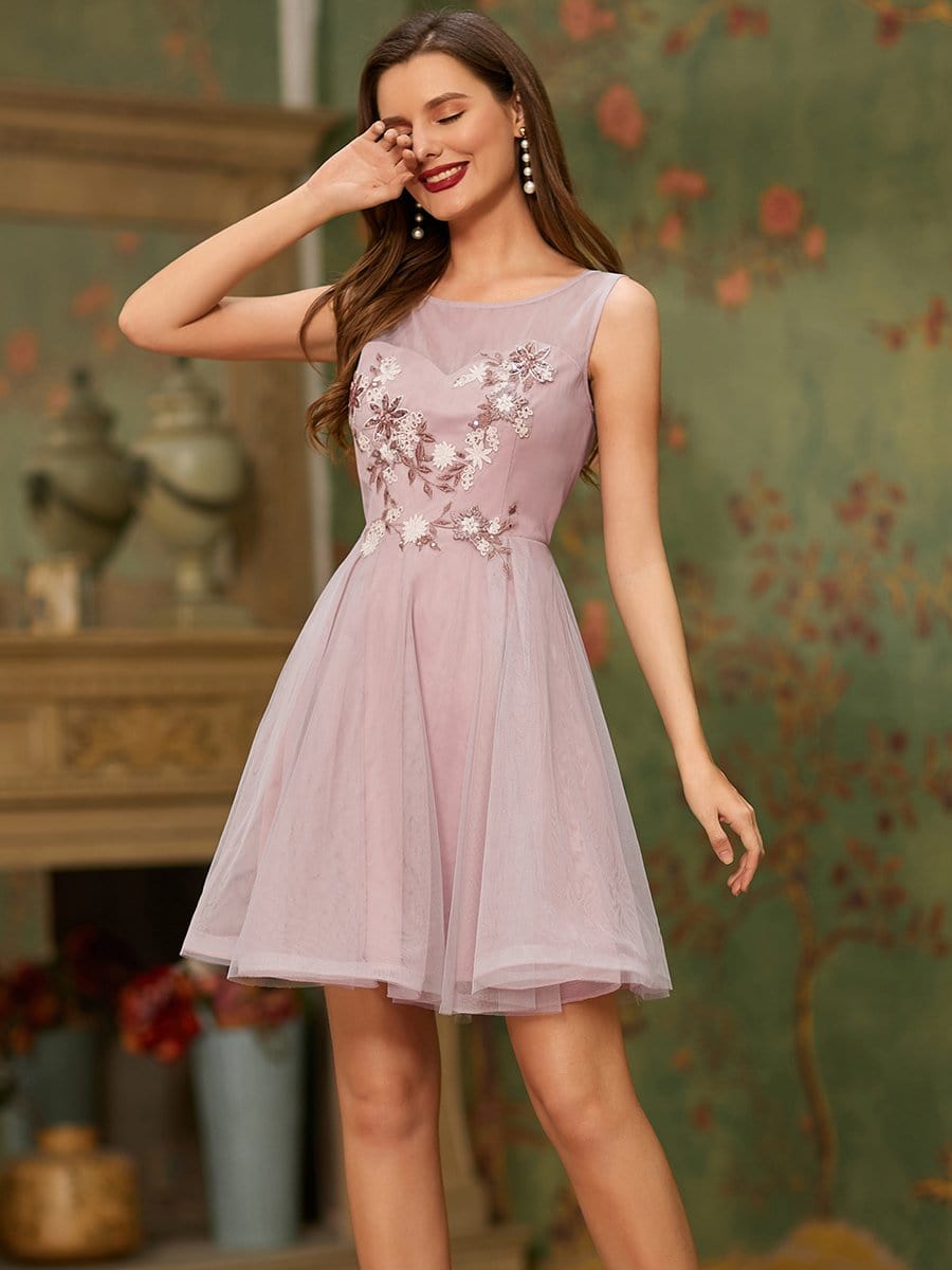 Color=Pink | Sleeveless Round Neck See-Through Floral Prom Dresses-Pink 1