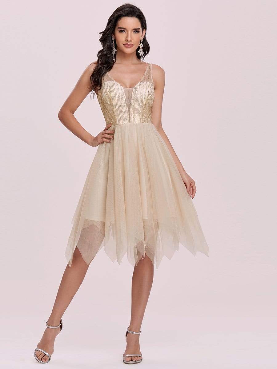 Elegant V-neck Asymmetric Tulle Knee Length Prom Dress