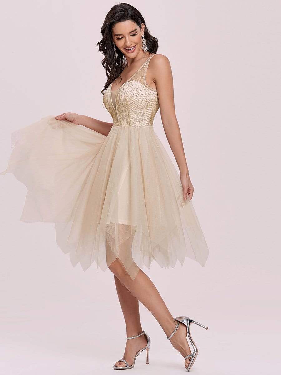 Elegant V-neck Asymmetric Tulle Knee Length Prom Dress - Ever Pretty AU Elegant V-neck Asymmetric Tulle Knee Length Prom Dress - Ever Pretty AU