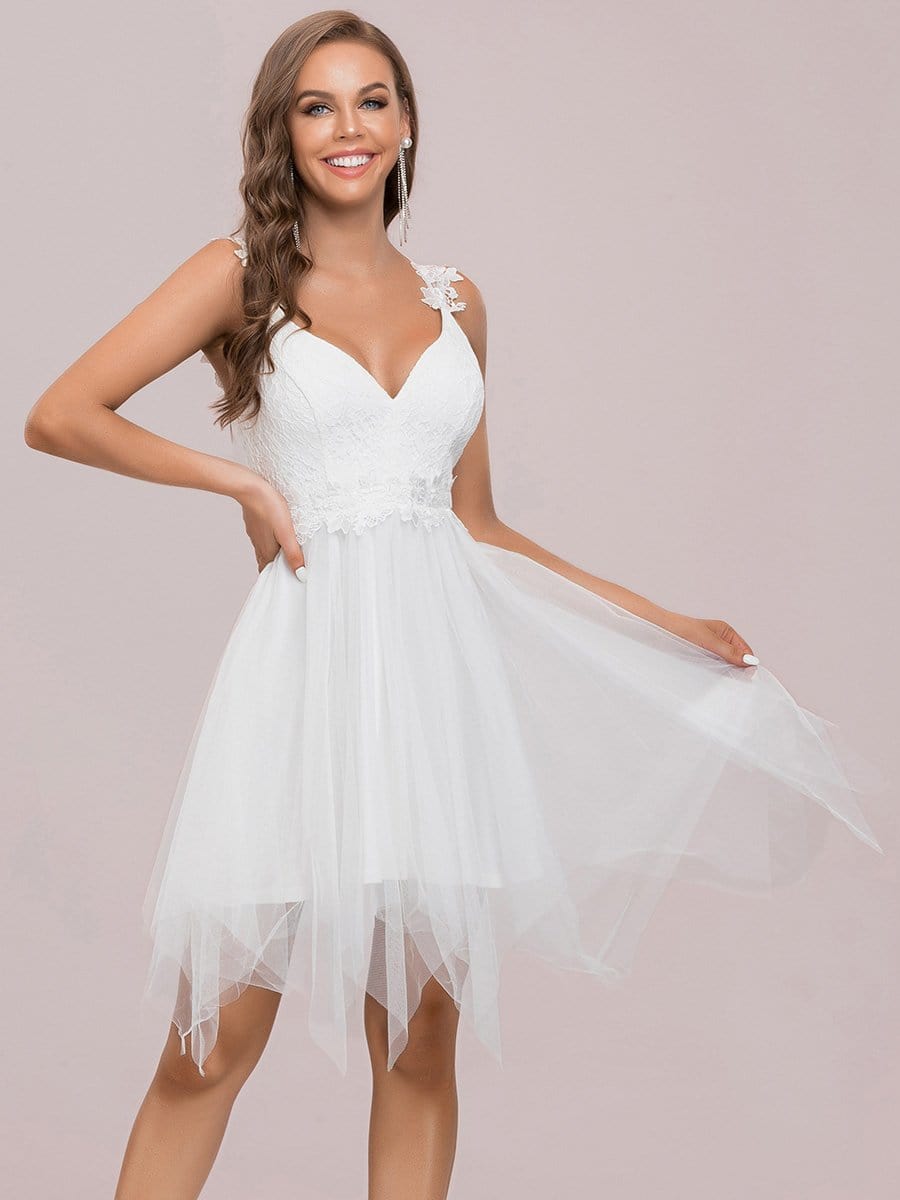 Color=Cream | Asymmetrical Hemdeep V Sleeveless Applique Bodice See-Through Tulle Dress-Cream 6