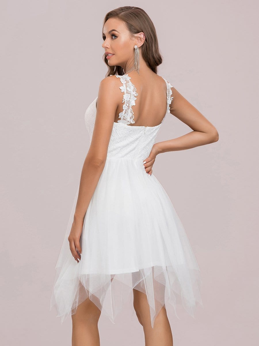 Color=Cream | Asymmetrical Hemdeep V Sleeveless Applique Bodice See-Through Tulle Dress-Cream 7