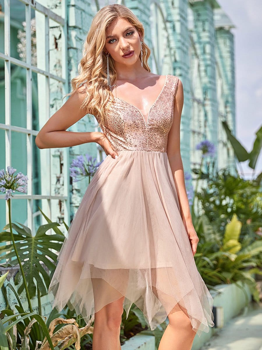 Color=Rose Gold | Asymmetrical Hem Deep V Neck Wide Strap Paillette Zig Zag Short Layers Prom Dress-Rose Gold 1