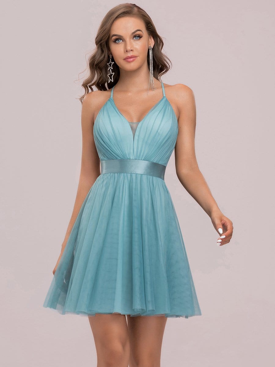 Color=Dusty blue | Sexy Criss-Cross Deep V Neck Backless Round Skirt Short Prom Dress-Dusty Blue 5