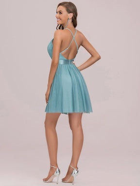 Color=Dusty blue | Sexy Criss-Cross Deep V Neck Backless Round Skirt Short Prom Dress-Dusty Blue 6
