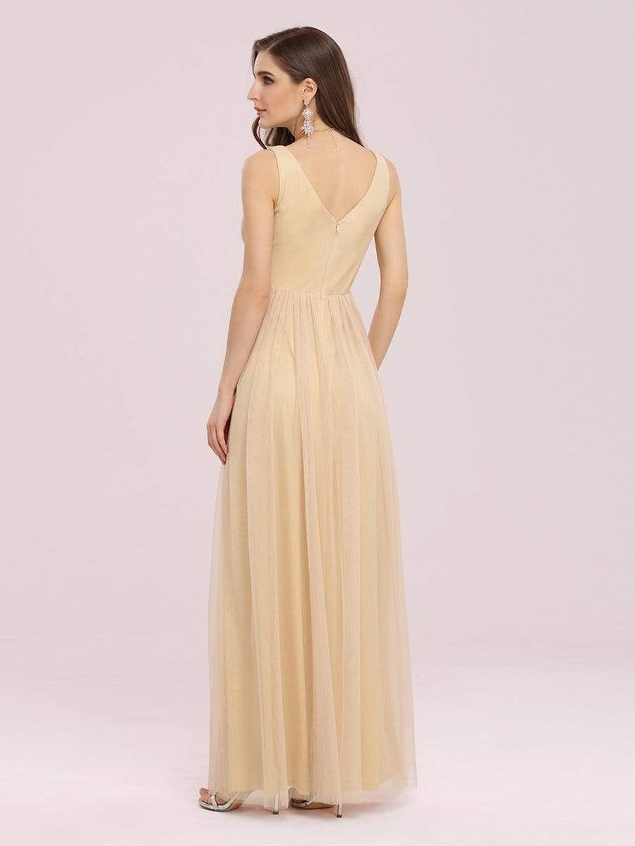 Color=Gold | Fancy Sleeveless Solid Color Tulle Bridesmaid Dress With Belt-Gold 2