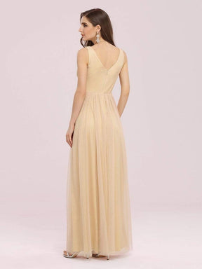 Color=Gold | Fancy Sleeveless Solid Color Tulle Bridesmaid Dress With Belt-Gold 2