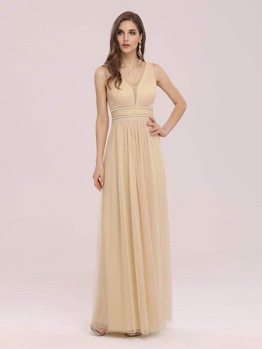 Color=Gold | Fancy Sleeveless Solid Color Tulle Bridesmaid Dress With Belt-Gold 3