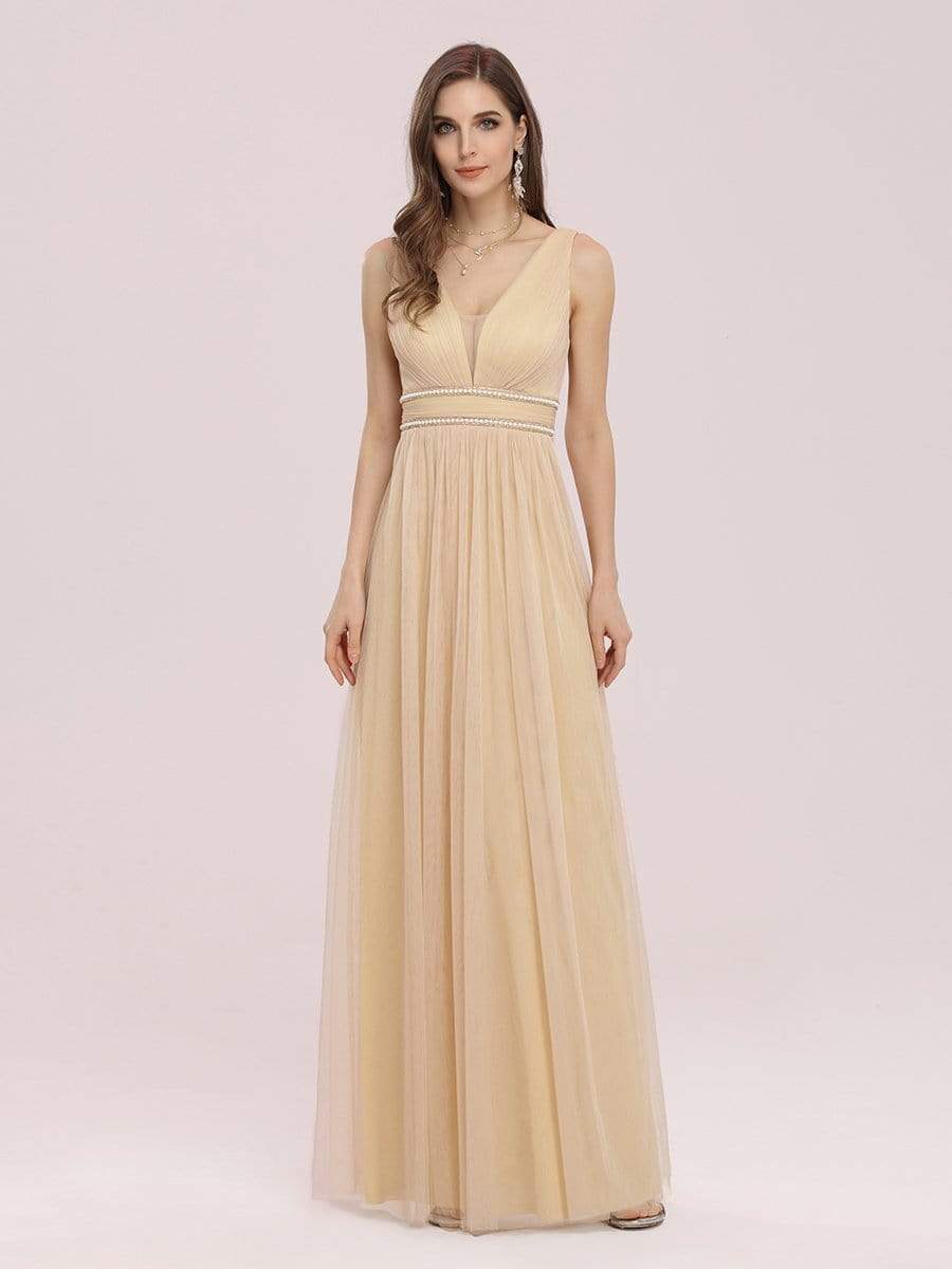 Color=Gold | Fancy Sleeveless Solid Color Tulle Bridesmaid Dress With Belt-Gold 1